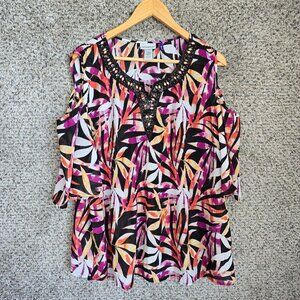 Catherines Top Womens Petite Plus 1XWP Purple Pleated Sheer Embellished Blouse‎